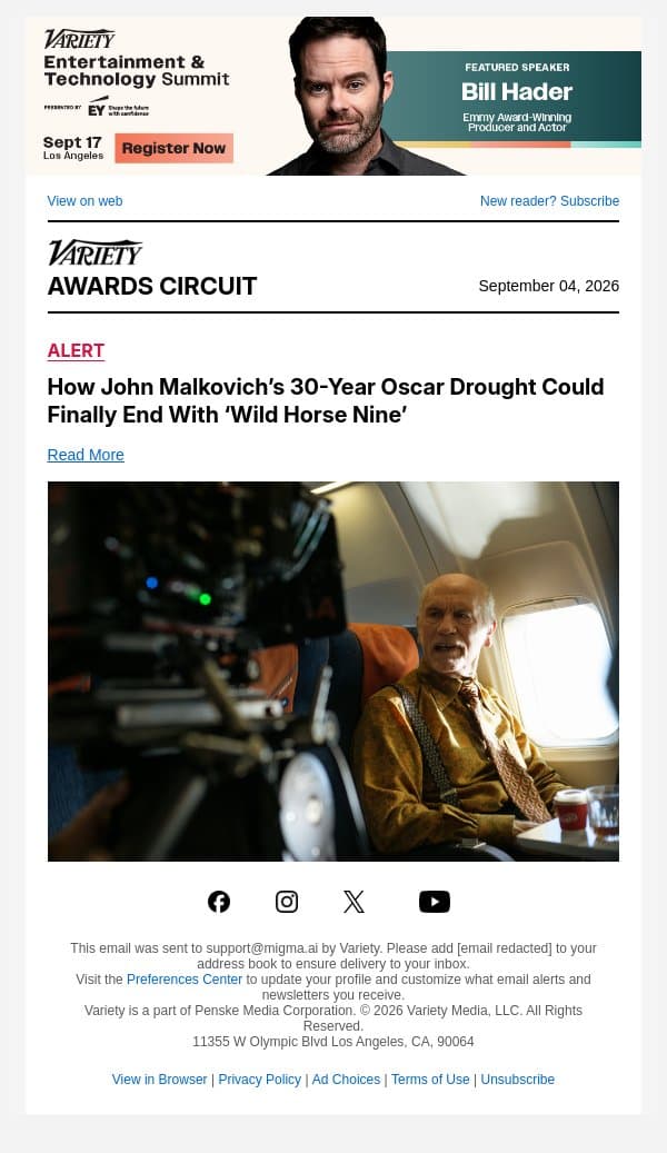 How John Malkovich’s 30-Year Oscar Drought Could Finally End With ‘Wild Horse Nine’ email from Variety screenshot