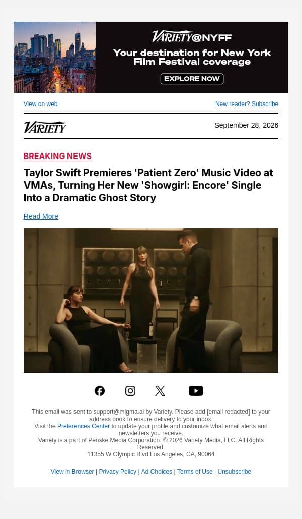 Taylor Swift Premieres 'Patient Zero' Music Video at VMAs, Turning Her New 'Showgirl: Encore' Single Into a Dramatic Ghost Story email from Variety screenshot