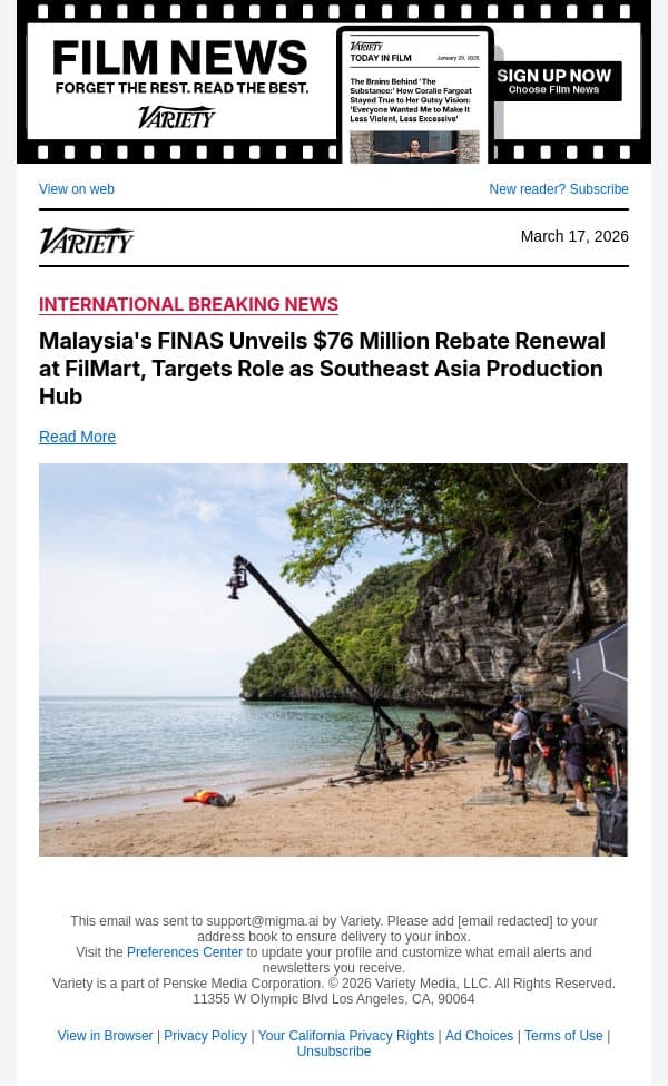 Malaysia's FINAS Unveils $76 Million Rebate Renewal at FilMart, Targets Role as Southeast Asia Production Hub email from Variety screenshot