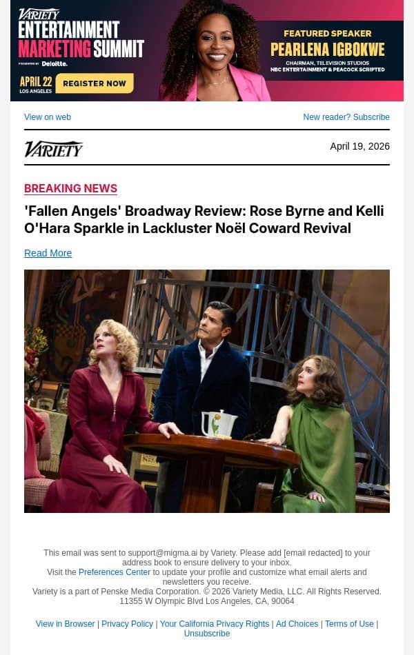 'Fallen Angels' Broadway Review: Rose Byrne and Kelli O'Hara Sparkle in Lackluster Noël Coward Revival email from Variety screenshot