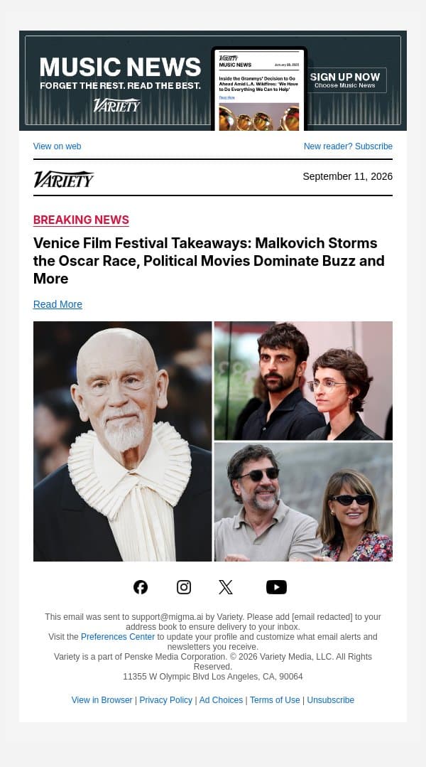 Venice Film Festival Takeaways: Malkovich Storms the Oscar Race, Political Movies Dominate Buzz and More email from Variety screenshot