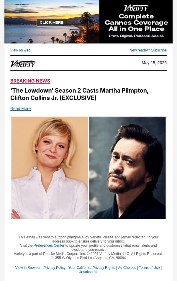 'The Lowdown' Season 2 Casts Martha Plimpton, Clifton Collins Jr. (EXCLUSIVE) email from Variety screenshot