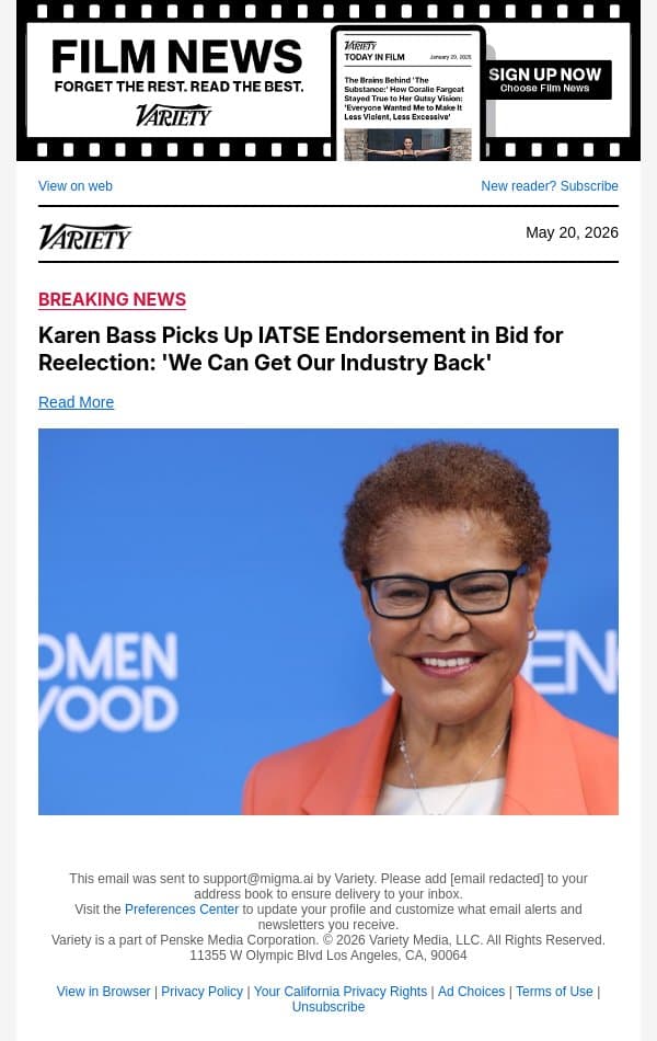 Karen Bass Picks Up IATSE Endorsement in Bid for Reelection: 'We Can Get Our Industry Back' email from Variety screenshot