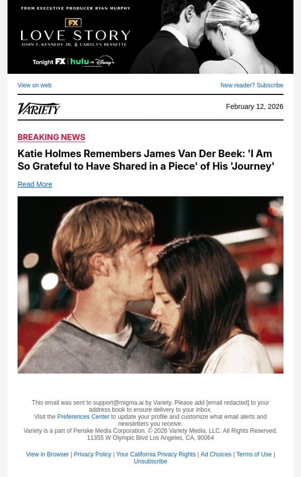 Katie Holmes Remembers James Van Der Beek: 'I Am So Grateful to Have Shared in a Piece' of His 'Journey' email from Variety screenshot