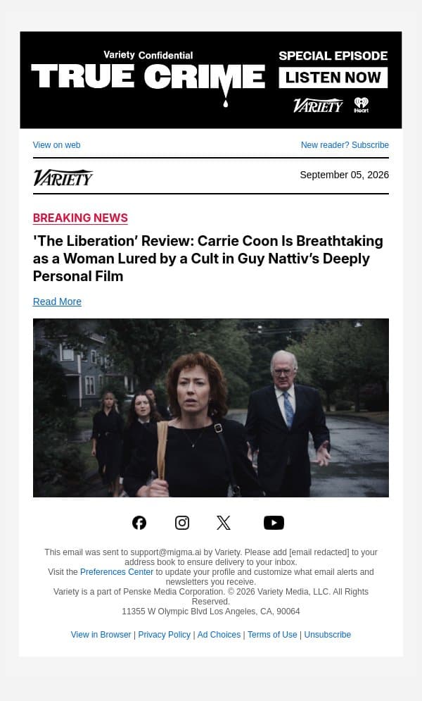 'The Liberation’ Review: Carrie Coon Is Breathtaking as a Woman Lured by a Cult in Guy Nattiv’s Deeply Personal Film email from Variety screenshot