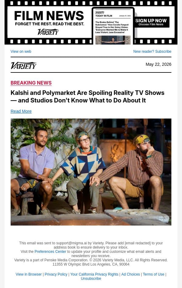 Kalshi and Polymarket Are Spoiling Reality TV Shows — and Studios Don't Know What to Do About It email from Variety screenshot