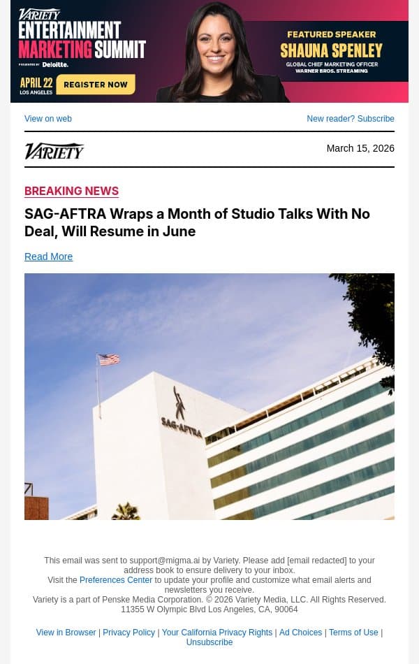 SAG-AFTRA Wraps a Month of Studio Talks With No Deal, Will Resume in June email from Variety screenshot