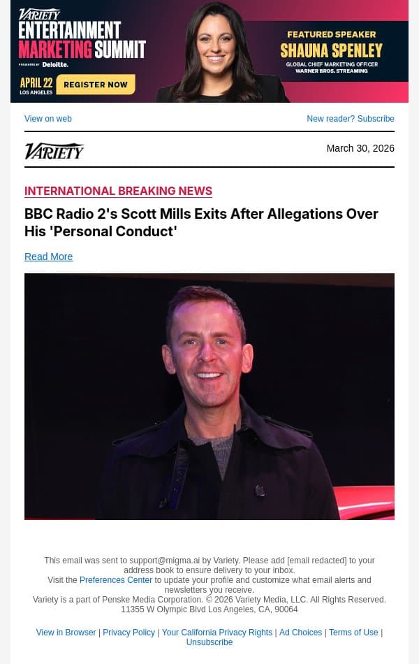BBC Radio 2's Scott Mills Exits After Allegations Over His 'Personal Conduct' email from Variety screenshot