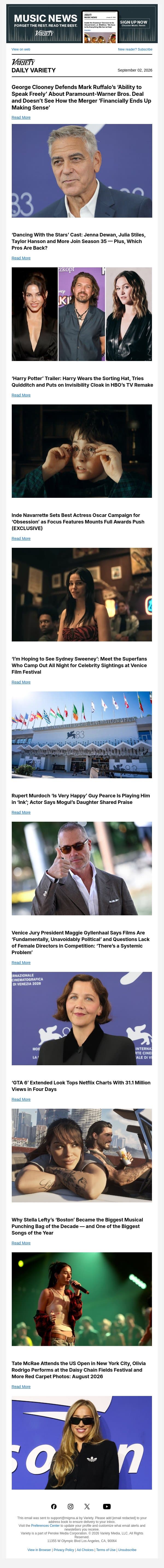 Venice Film Fest Kicks Off; 'DWTS' Cast Revealed; 'Harry Potter' Drops New Trailer email from Variety screenshot