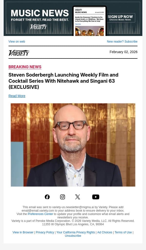 Steven Soderbergh Launching Weekly Film and Cocktail Series With Nitehawk and Singani 63 (EXCLUSIVE) email from Variety screenshot