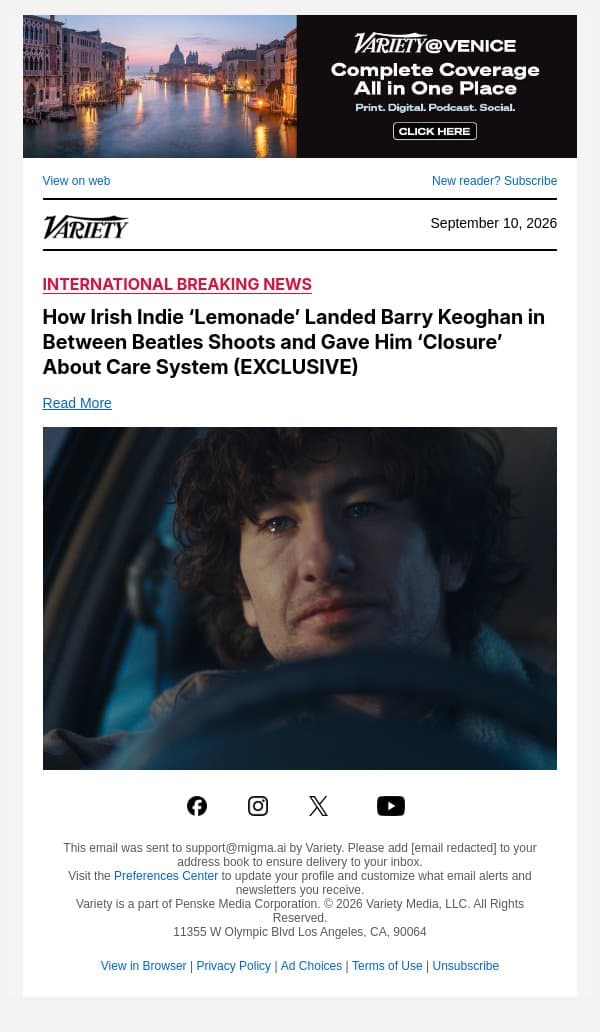 How Irish Indie ‘Lemonade’ Landed Barry Keoghan in Between Beatles Shoots and Gave Him ‘Closure’ About Care System (EXCLUSIVE) email from Variety screenshot