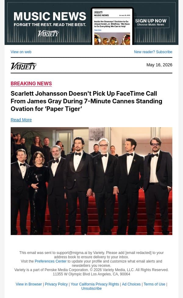 Scarlett Johansson Doesn't Pick Up FaceTime Call From James Gray During 7-Minute Cannes Standing Ovation for ‘Paper Tiger’ email from Variety screenshot