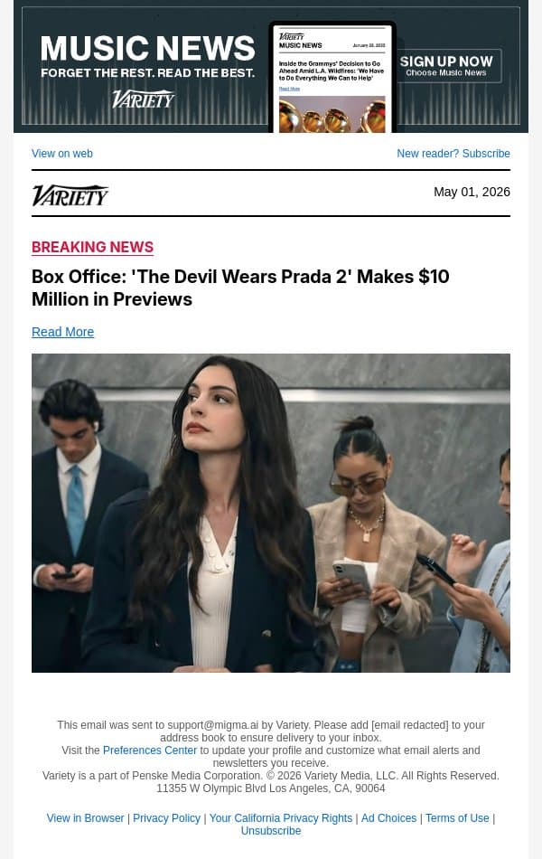 Box Office: 'The Devil Wears Prada 2' Makes $10 Million in Previews email from Variety screenshot