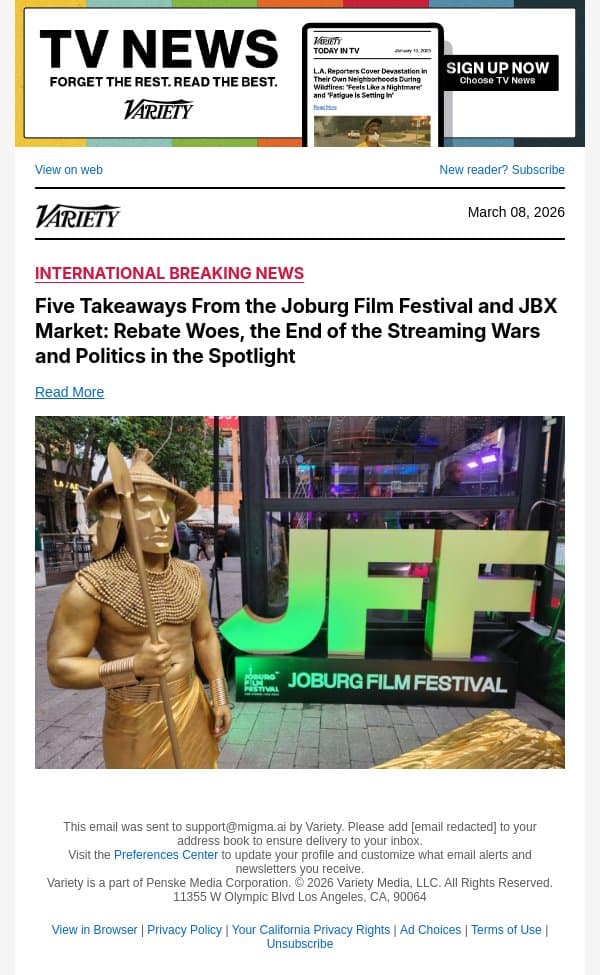 Five Takeaways From the Joburg Film Festival and JBX Market: Rebate Woes, the End of the Streaming Wars and Politics in the Spotlight email from Variety screenshot