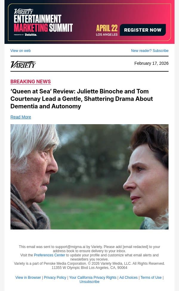 ‘Queen at Sea’ Review: Juliette Binoche and Tom Courtenay Lead a Gentle, Shattering Drama About Dementia and Autonomy email from Variety screenshot