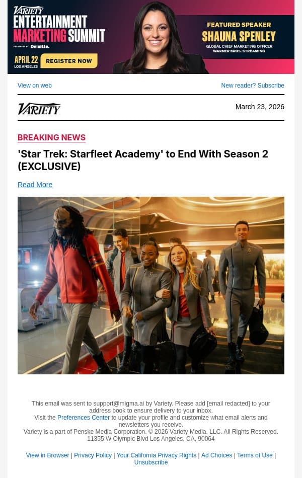 'Star Trek: Starfleet Academy' to End With Season 2 (EXCLUSIVE) email from Variety screenshot