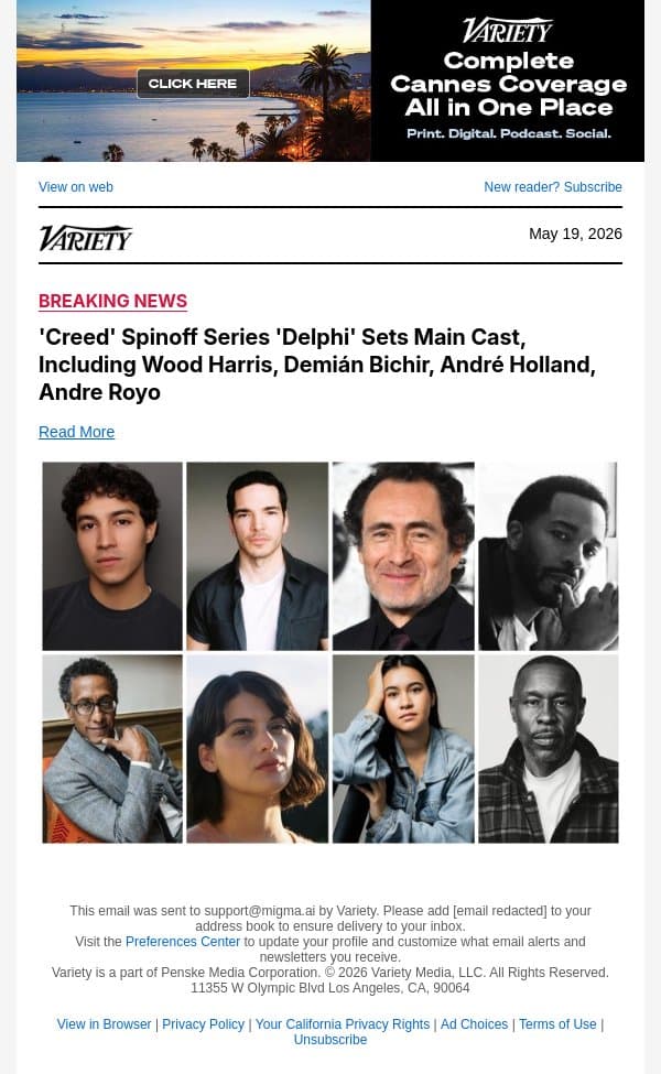 'Creed' Spinoff Series 'Delphi' Sets Main Cast, Including Wood Harris, Demián Bichir, André Holland, Andre Royo email from Variety screenshot