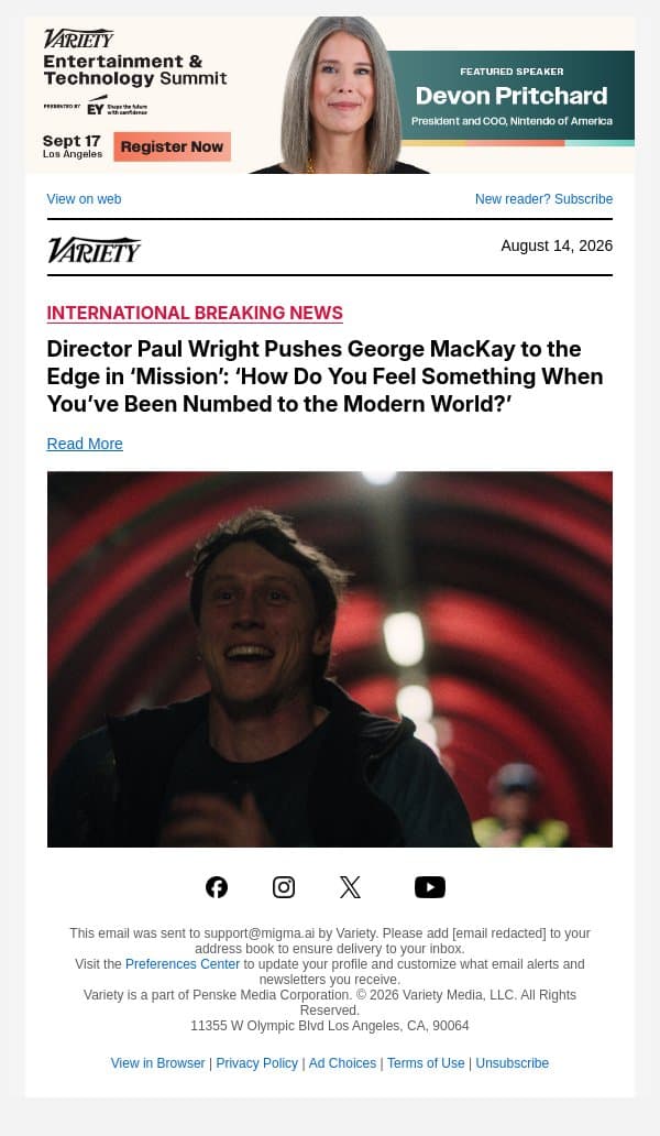 Director Paul Wright Pushes George MacKay to the Edge in ‘Mission’: ‘How Do You Feel Something When You’ve Been Numbed to the Modern World?’ email from Variety screenshot