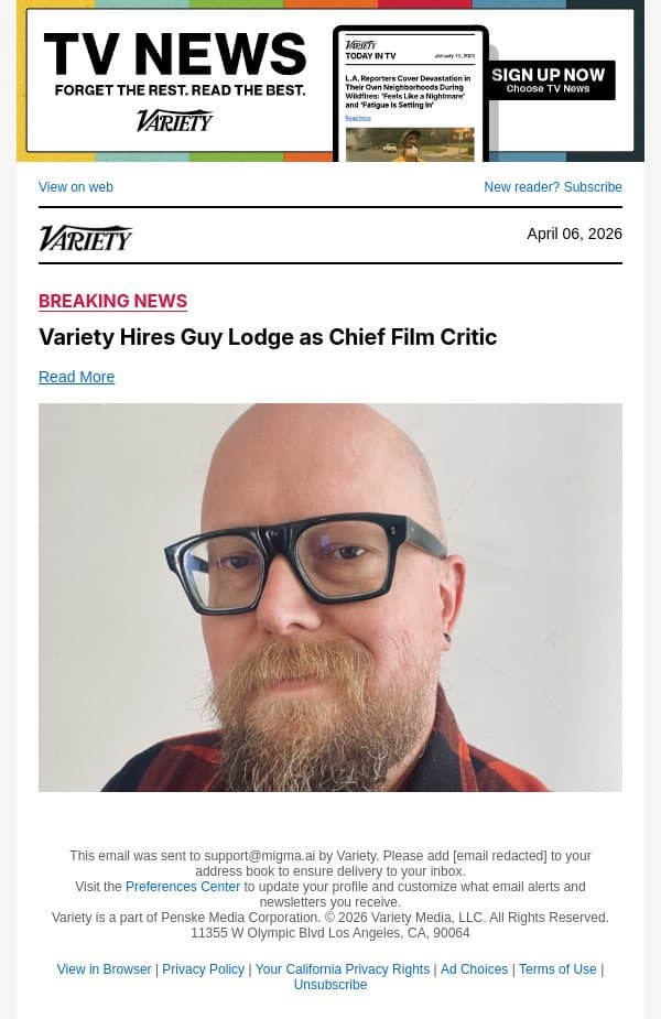 Variety Hires Guy Lodge as Chief Film Critic email from Variety screenshot