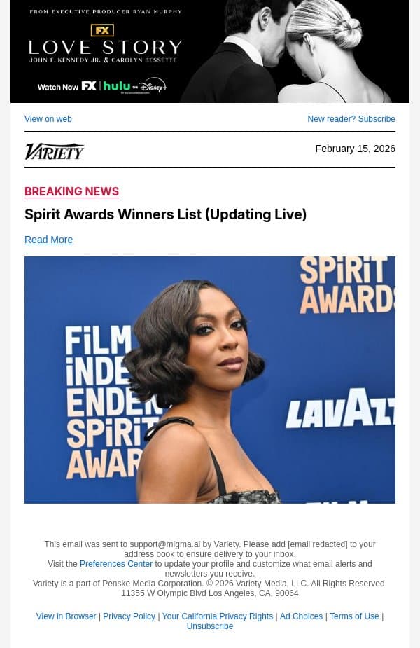 Spirit Awards Winners List (Updating Live) email from Variety screenshot