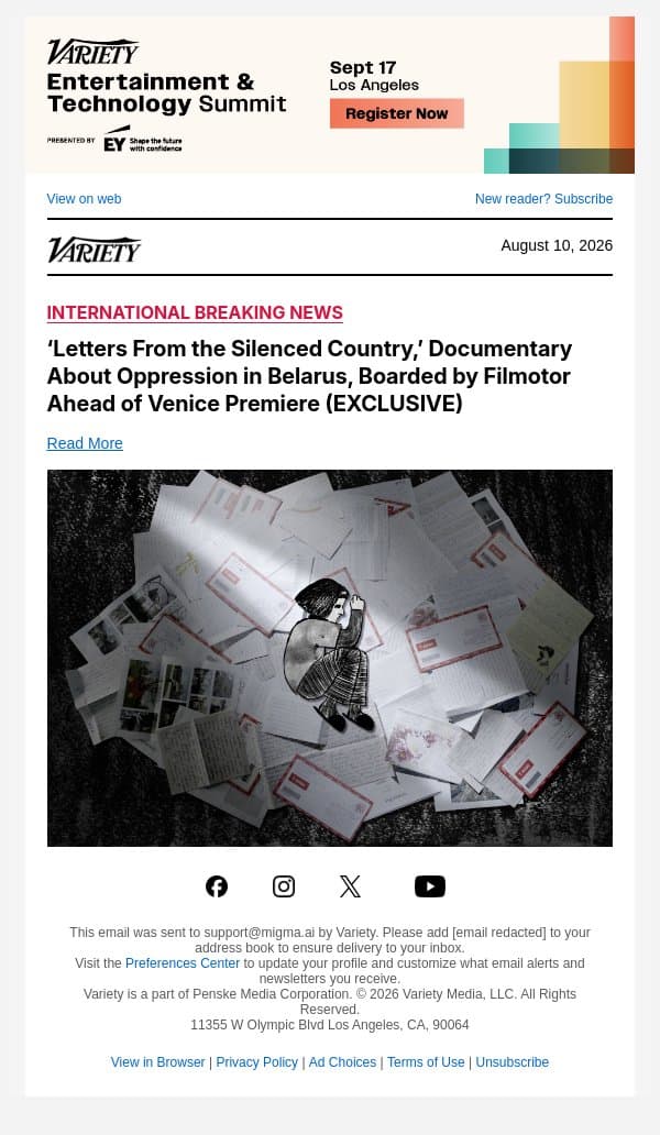 ‘Letters From the Silenced Country,’ Documentary About Oppression in Belarus, Boarded by Filmotor Ahead of Venice Premiere (EXCLUSIVE) email from Variety screenshot