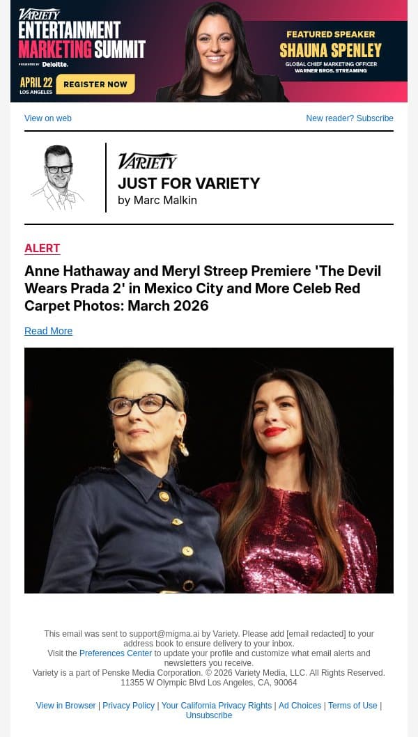 Anne Hathaway and Meryl Streep Premiere 'The Devil Wears Prada 2' in Mexico City and More Celeb Red Carpet Photos: March 2026 email from Variety screenshot