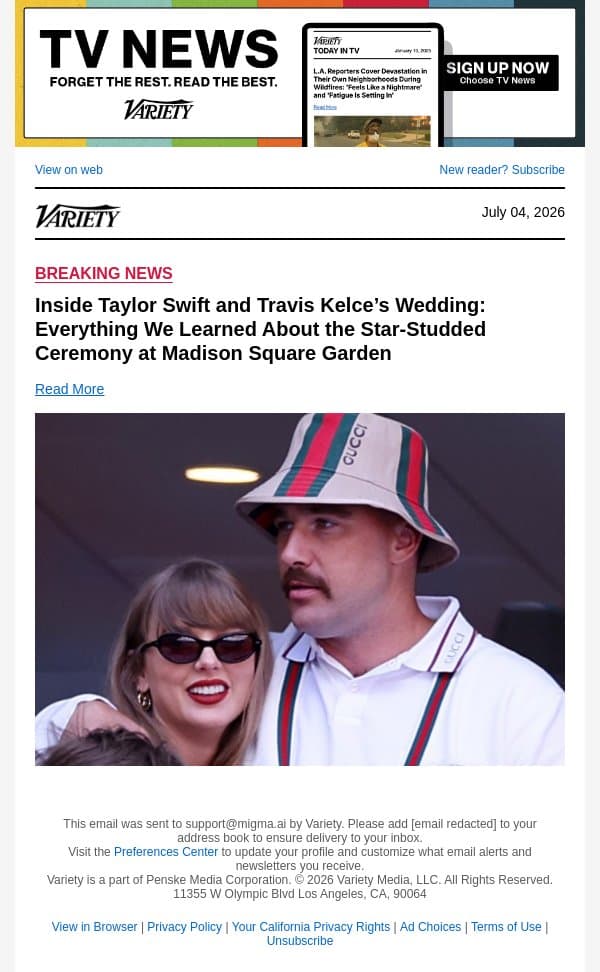 Inside Taylor Swift and Travis Kelce’s Wedding: Everything We Learned About the Star-Studded Ceremony at Madison Square Garden email from Variety screenshot