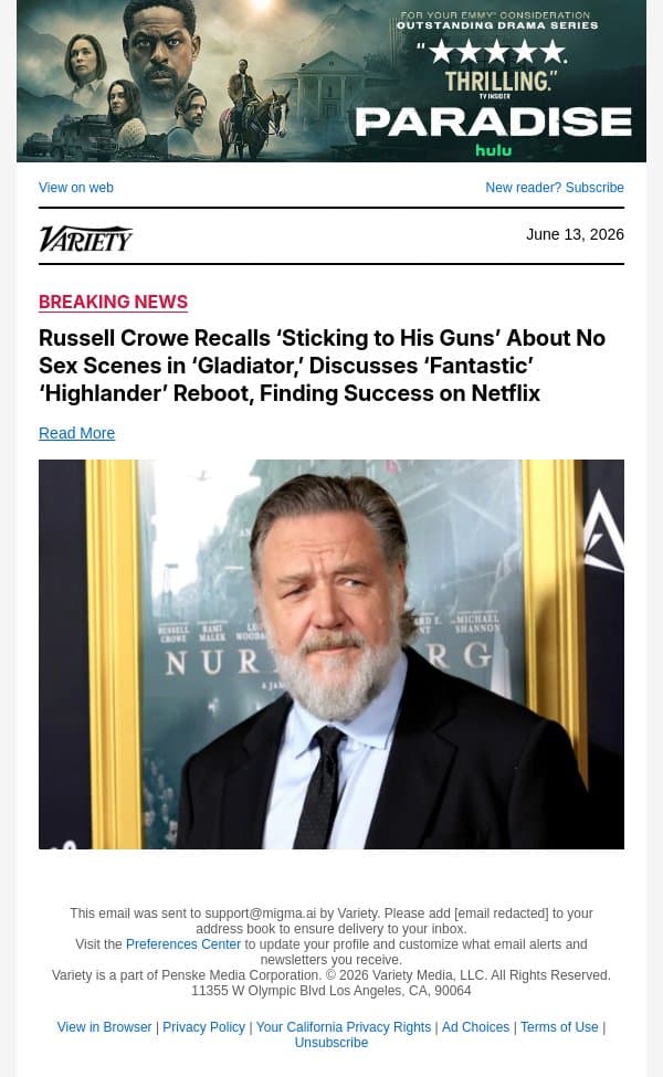Russell Crowe Recalls ‘Sticking to His Guns’ About No Sex Scenes in ‘Gladiator,’ Discusses ‘Fantastic’ ‘Highlander’ Reboot, Finding Success on Netflix email from Variety screenshot
