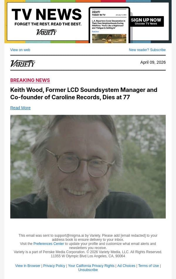 Keith Wood, Former LCD Soundsystem Manager and Co-founder of Caroline Records, Dies at 77 email from Variety screenshot