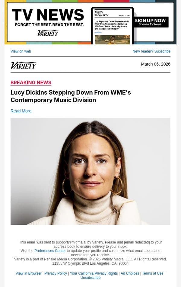 Lucy Dickins Stepping Down From WME's Contemporary Music Division email from Variety screenshot