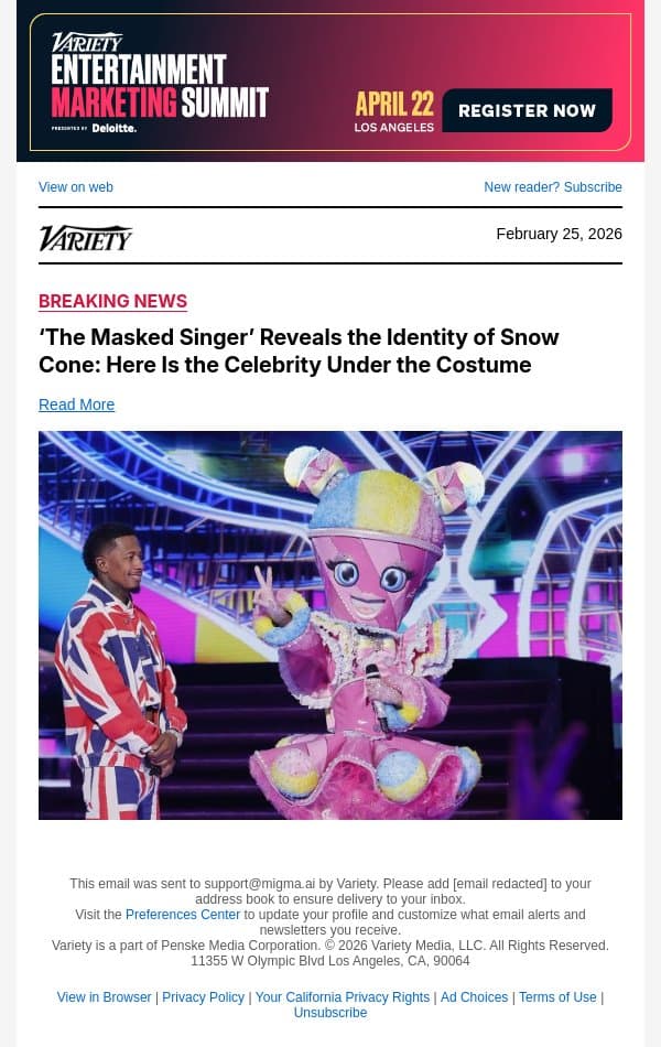 ‘The Masked Singer’ Reveals the Identity of Snow Cone: Here Is the Celebrity Under the Costume email from Variety screenshot
