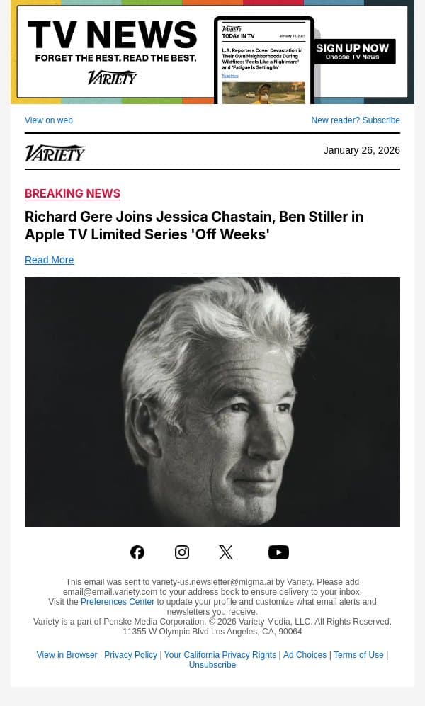 Richard Gere Joins Jessica Chastain, Ben Stiller in Apple TV Limited Series 'Off Weeks' email from Variety screenshot