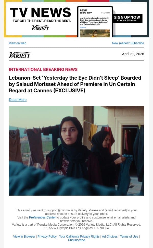 Lebanon-Set 'Yesterday the Eye Didn’t Sleep' Boarded by Salaud Morisset Ahead of Premiere in Un Certain Regard at Cannes (EXCLUSIVE) email from Variety screenshot