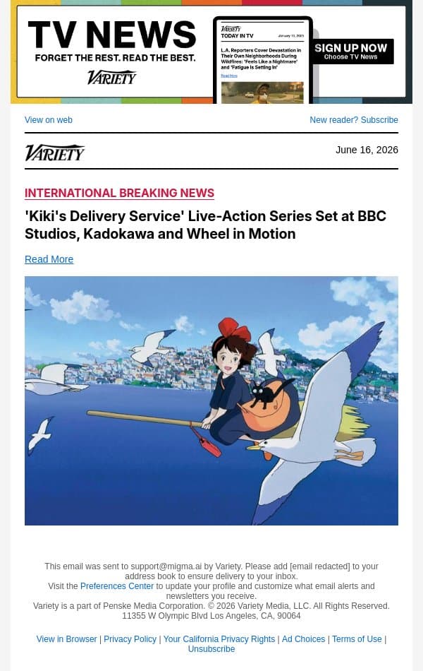'Kiki's Delivery Service' Live-Action Series Set at BBC Studios, Kadokawa and Wheel in Motion email from Variety screenshot