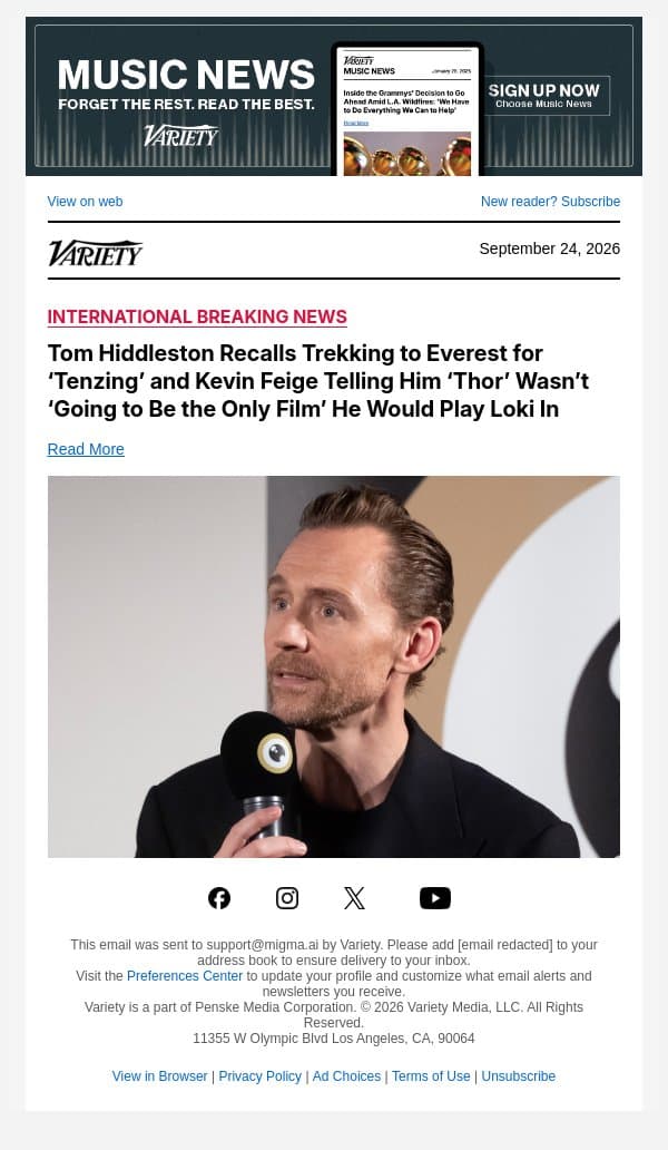 Tom Hiddleston Recalls Trekking to Everest for ‘Tenzing’ and Kevin Feige Telling Him ‘Thor’ Wasn’t ‘Going to Be the Only Film’ He Would Play Loki In email from Variety screenshot