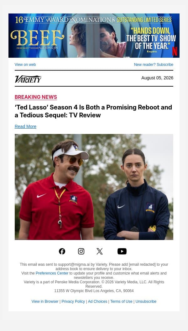 ‘Ted Lasso’ Season 4 Is Both a Promising Reboot and a Tedious Sequel: TV Review email from Variety screenshot
