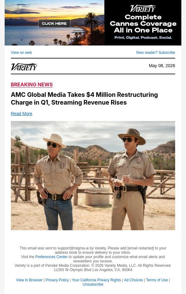AMC Global Media Takes $4 Million Restructuring Charge in Q1, Streaming Revenue Rises email from Variety screenshot
