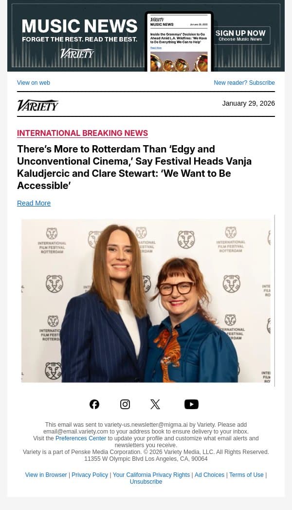 There’s More to Rotterdam Than ‘Edgy and Unconventional Cinema,’ Say Festival Heads Vanja Kaludjercic and Clare Stewart: ‘We Want to Be Accessible’ email from Variety screenshot