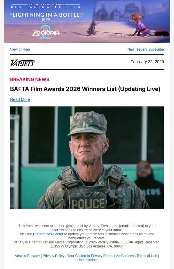 Sean Penn Wins Best Supporting Actor BAFTA for 'One Battle After Another' email from Variety screenshot