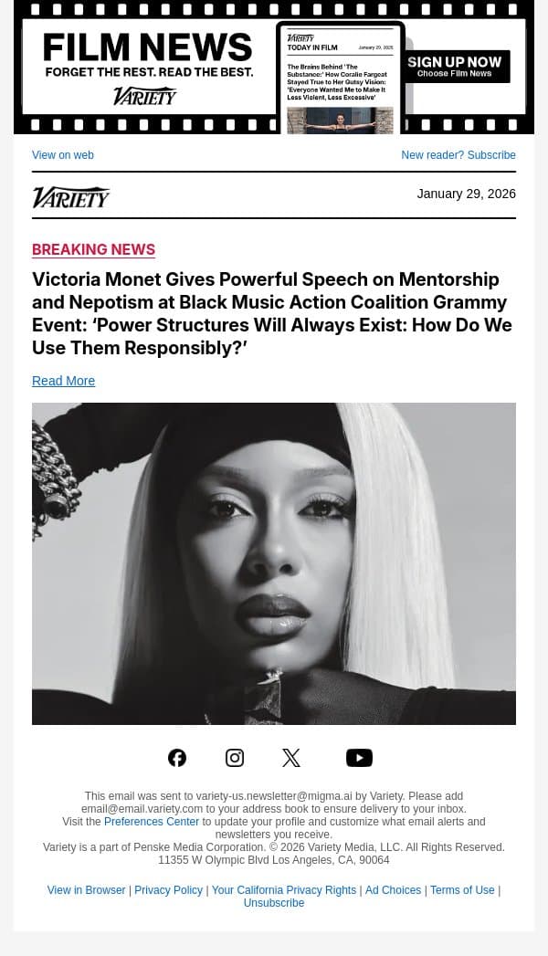 Victoria Monet Gives Powerful Speech on Mentorship and Nepotism at Black Music Action Coalition Grammy Event: ‘Power Structures Will Always Exist: How Do We Use Them Responsibly?’ email from Variety screenshot