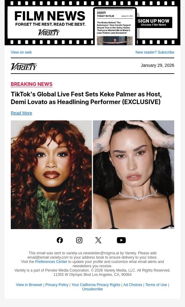TikTok's Global Live Fest Sets Keke Palmer as Host, Demi Lovato as Headlining Performer (EXCLUSIVE) email from Variety screenshot