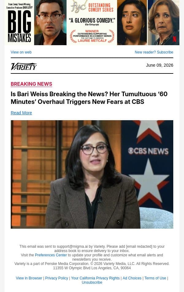 Is Bari Weiss Breaking the News? Her Tumultuous ‘60 Minutes’ Overhaul Triggers New Fears at CBS email from Variety screenshot