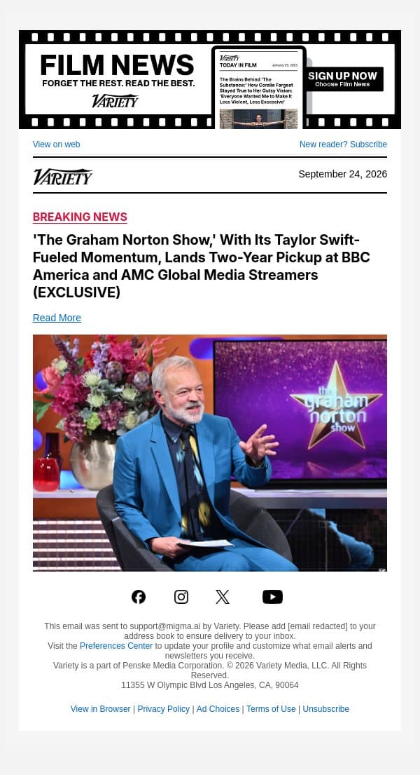 'The Graham Norton Show,' With Its Taylor Swift-Fueled Momentum, Lands Two-Year Pickup at BBC America and AMC Global Media Streamers (EXCLUSIVE) email from Variety screenshot