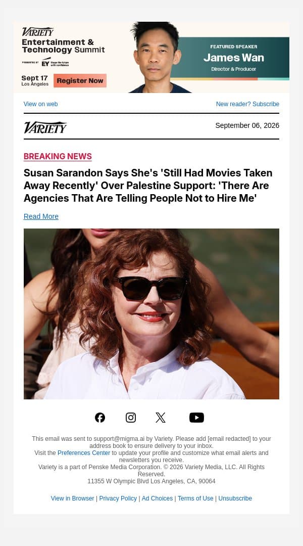 Susan Sarandon Says She's 'Still Had Movies Taken Away Recently' Over Palestine Support: 'There Are Agencies That Are Telling People Not to Hire Me' email from Variety screenshot