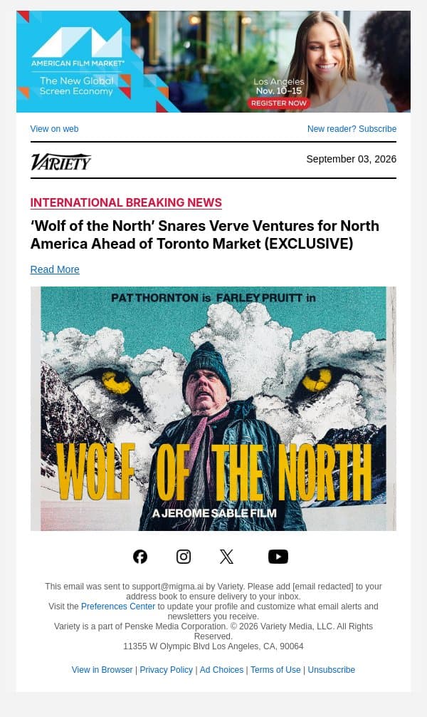 ‘Wolf of the North’ Snares Verve Ventures for North America Ahead of Toronto Market (EXCLUSIVE) email from Variety screenshot