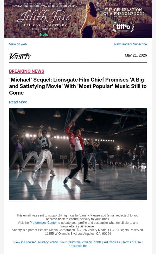 'Michael' Sequel: Lionsgate Film Chief Promises 'A Big and Satisfying Movie' With 'Most Popular' Music Still to Come email from Variety screenshot