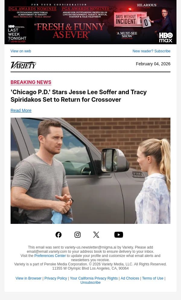 'Chicago P.D.' Stars Jesse Lee Soffer and Tracy Spiridakos Set to Return for Crossover email from Variety screenshot