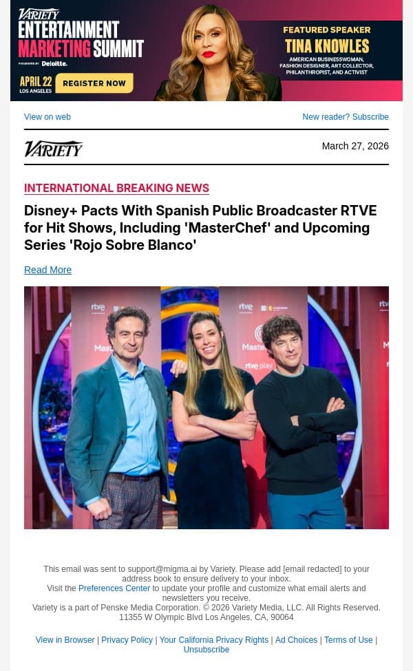 Disney+ Pacts With Spanish Public Broadcaster RTVE for Hit Shows, Including 'MasterChef' and Upcoming Series 'Rojo Sobre Blanco' email from Variety screenshot