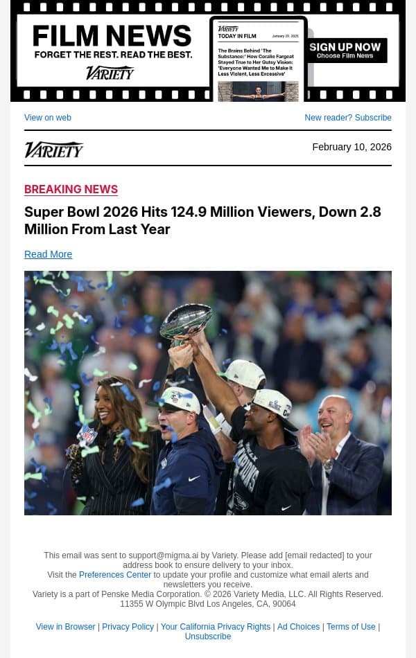 Super Bowl 2026 Hits 124.9 Million Viewers, Down 2.8 Million From Last Year email from Variety screenshot