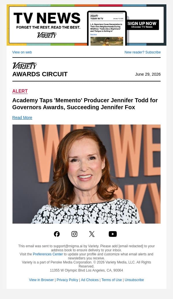 Academy Taps 'Memento' Producer Jennifer Todd for Governors Awards, Succeeding Jennifer Fox email from Variety screenshot